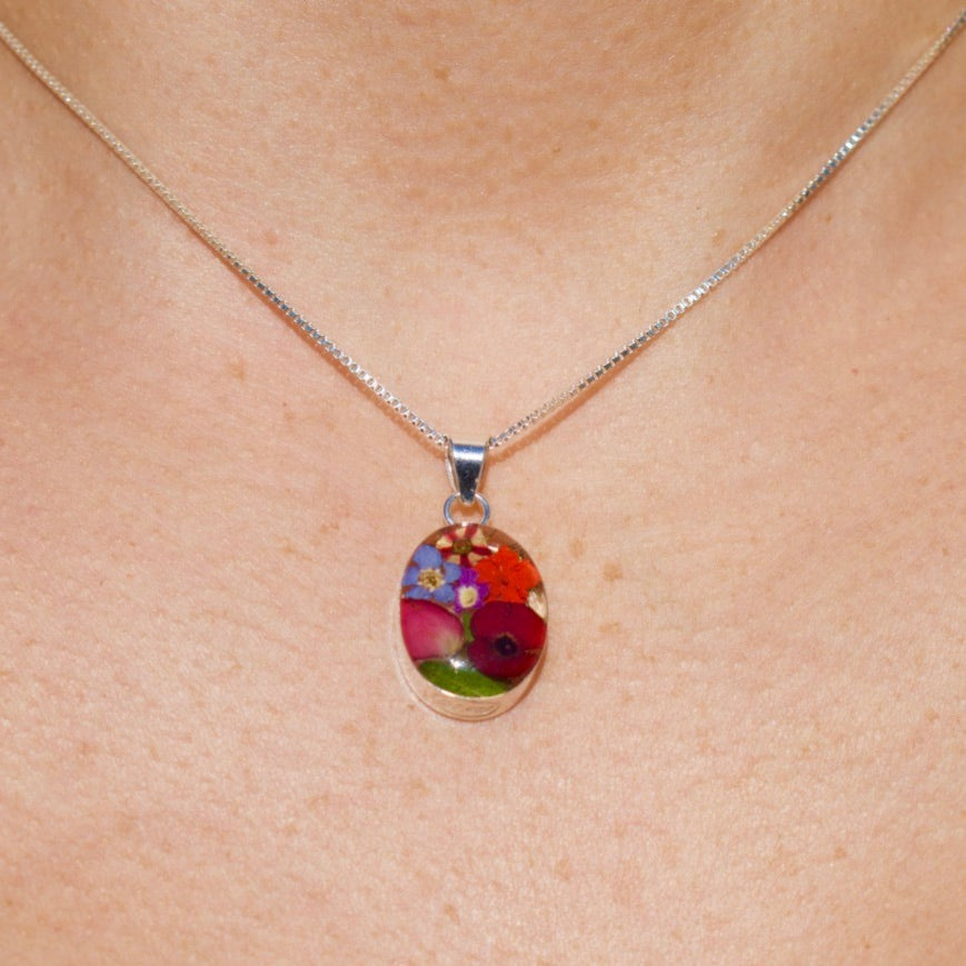 Red Flower Oval Pendant - Krystyna's Silver