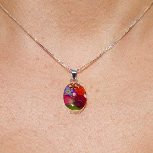 Red Flower Oval Pendant - Krystyna's Silver